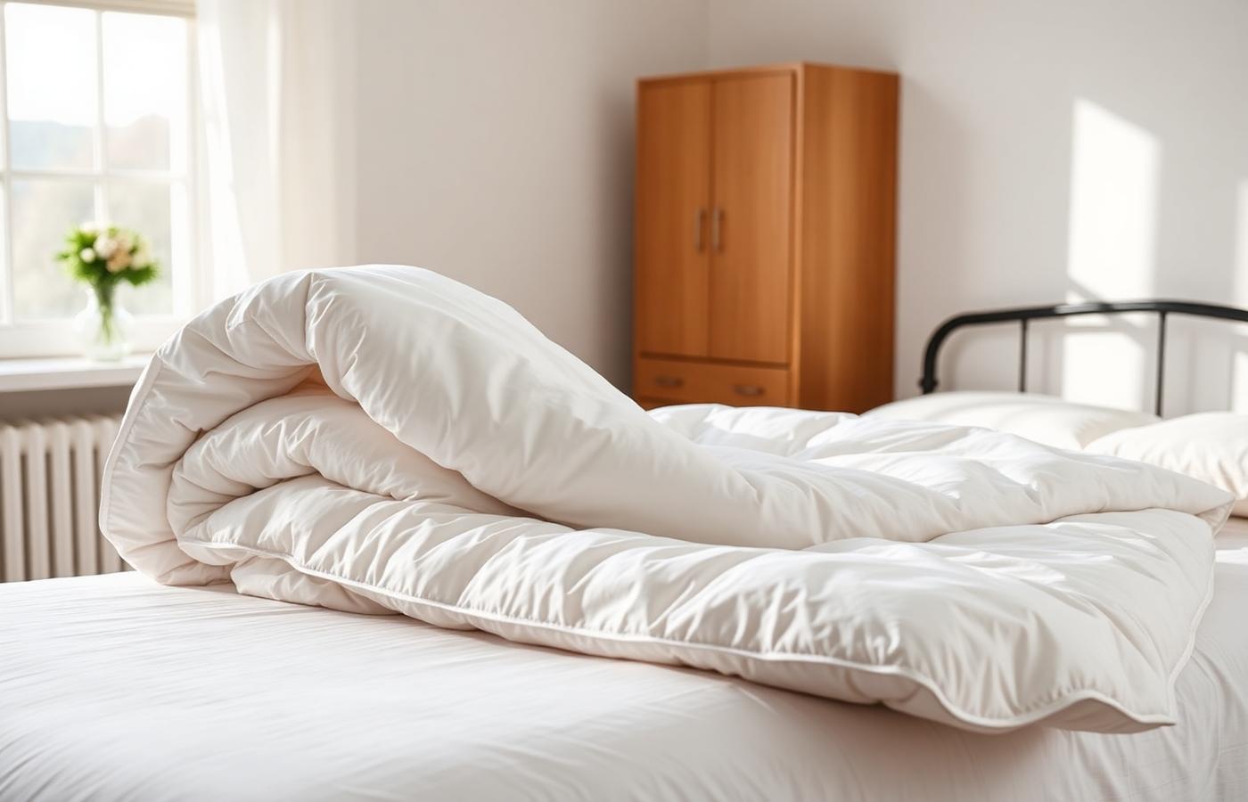 Freshly washed comforter on a made bed