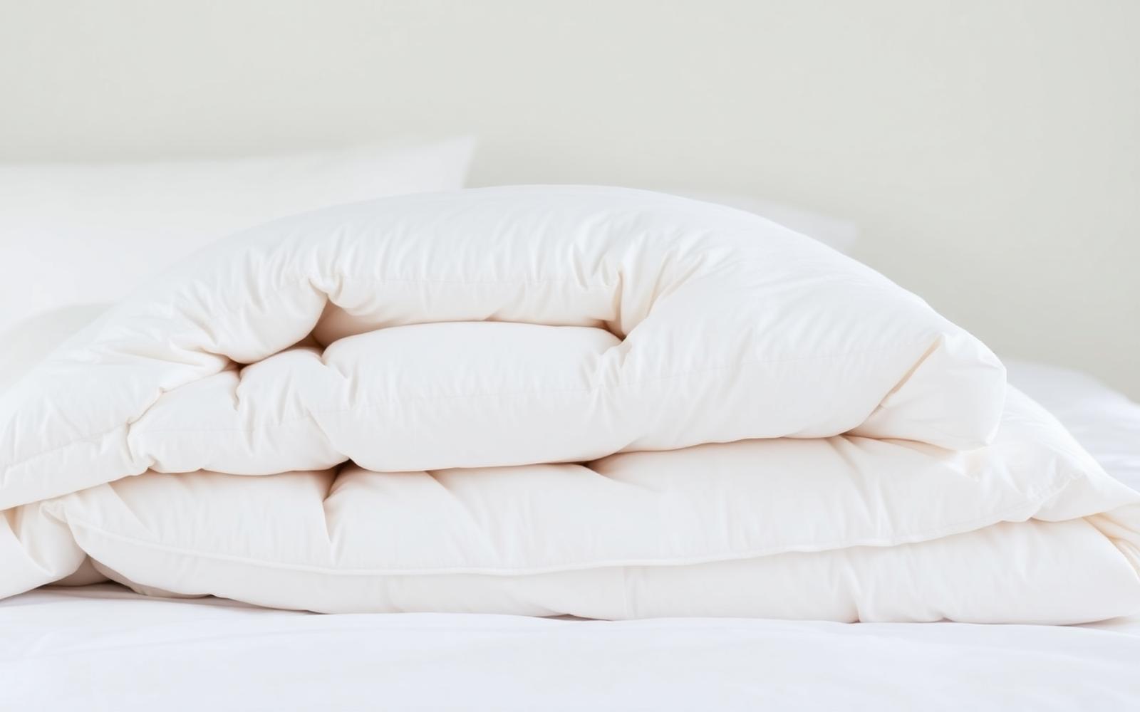 Clean white comforter folded on a bed