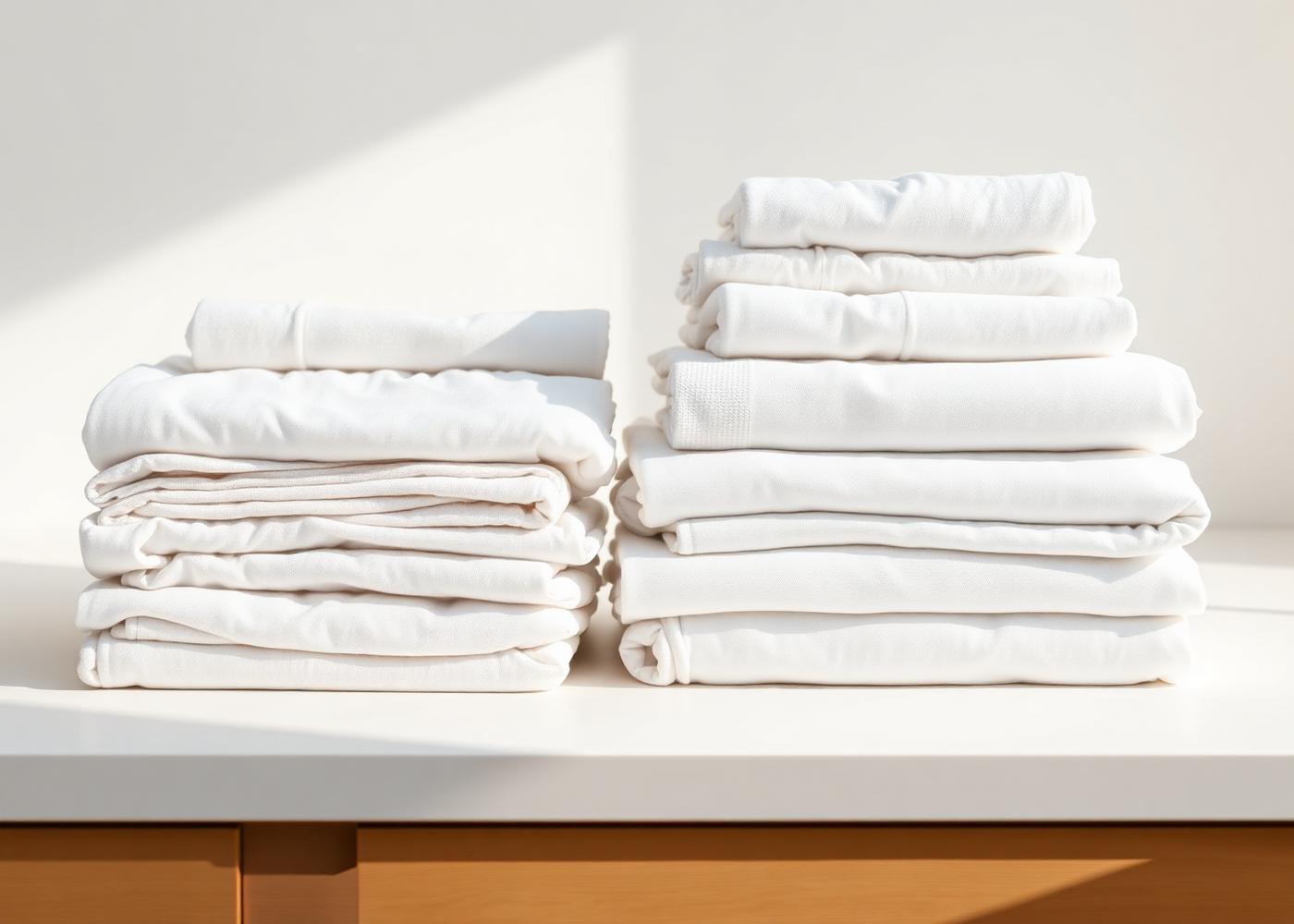 Neatly folded stacks of clean laundry