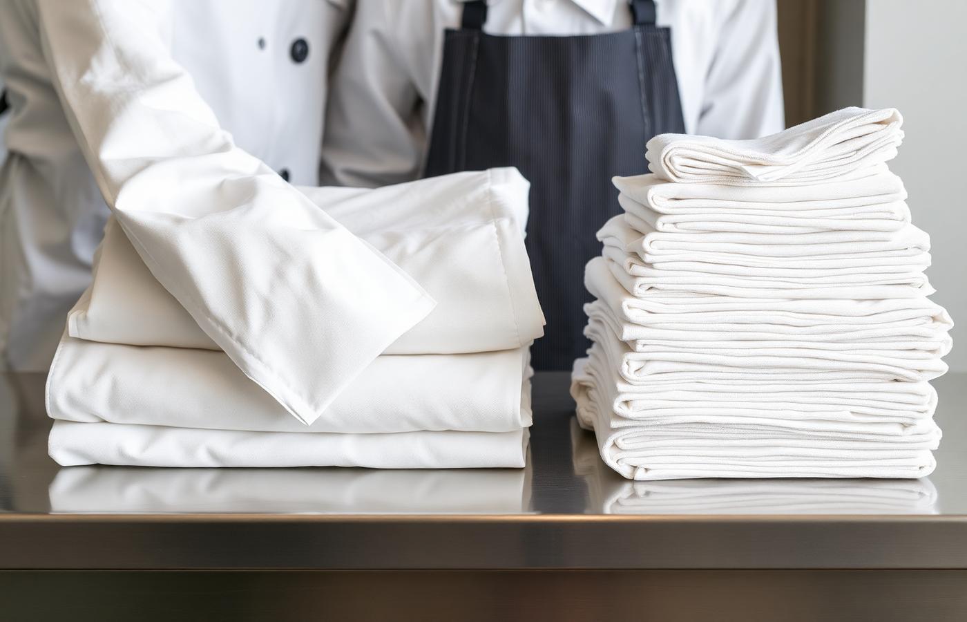 Folded kitchen towels and chef aprons